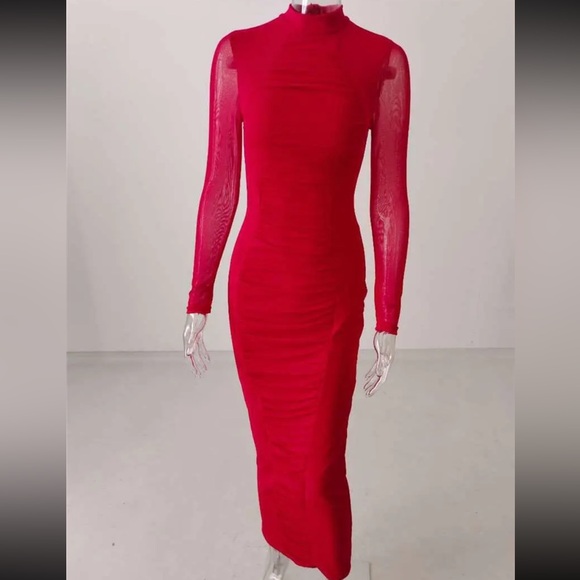 🎉 Captivating Elegant midi dress with mock neck and ruched mesh detailing - Picture 5 of 16